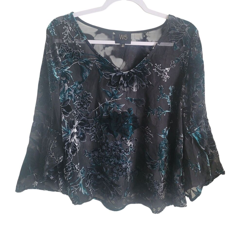 W5 Velvet Burnout Bell Sleeve Blouse Women's Large Sheer Black Whimsigoth Witchy